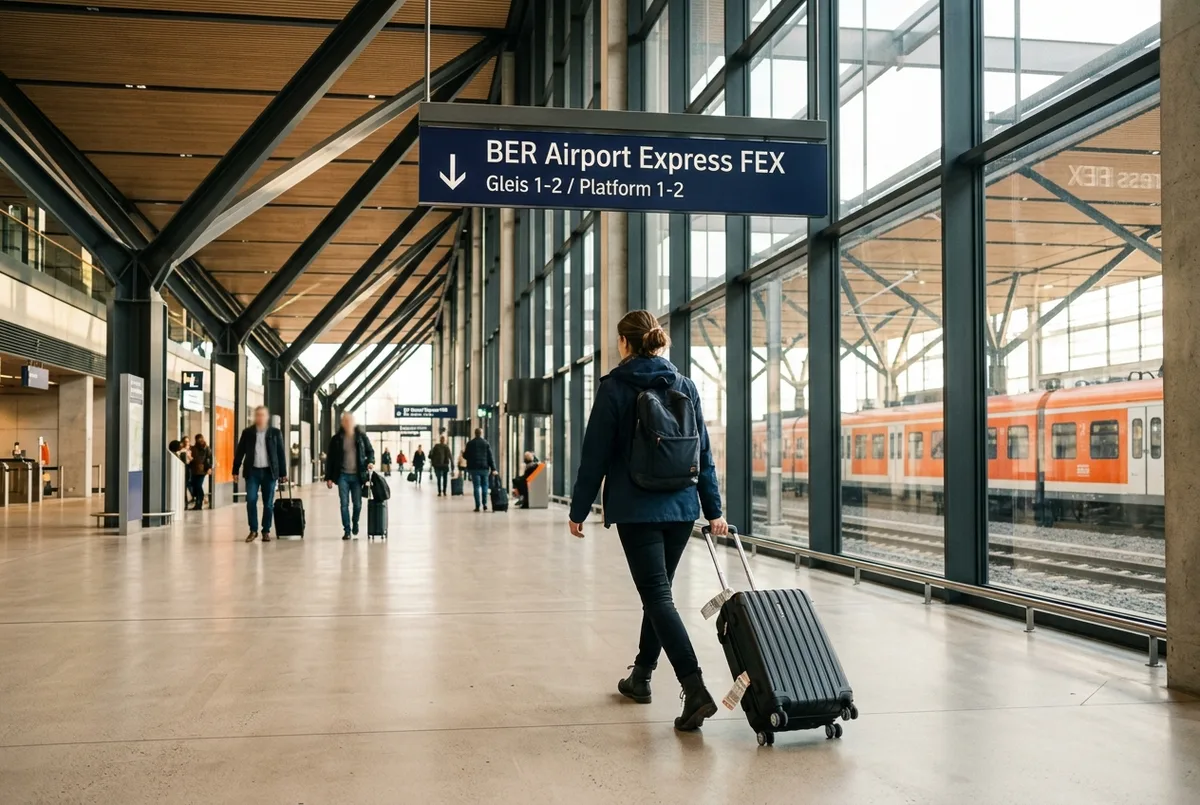 Traveler wheeling a suitcase toward a BER Airport Express train platform sign in a bright modern terminal, purposeful travel mood, no text or statistics visible
