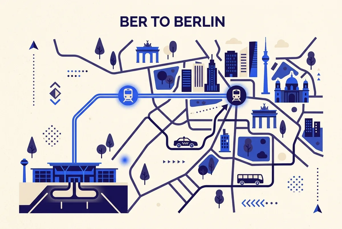 Simple infographic map showing BER airport connected to central Berlin by train, taxi and shuttle route lines, flat icon style, no prices or text visible