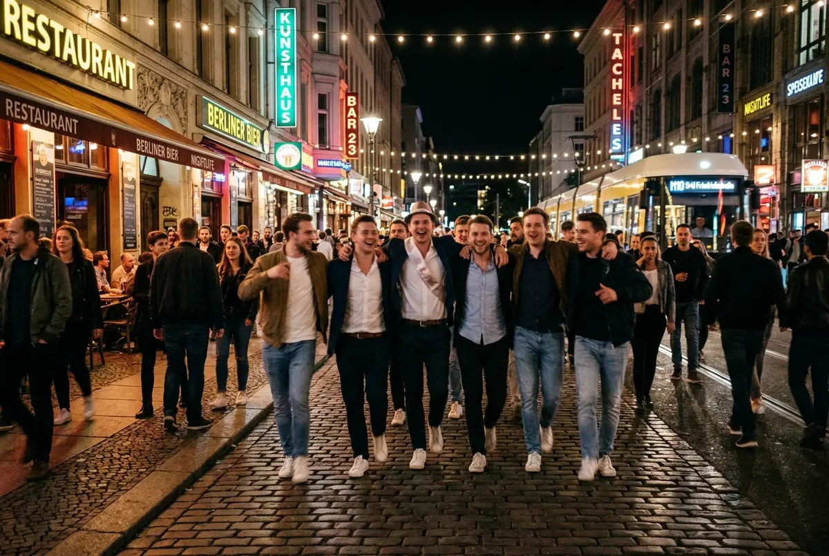 Lively group on a bachelor party tour berlin bar crawl walking between venues at night, string lights and neon signage, energetic atmosphere, no faces in sharp focus