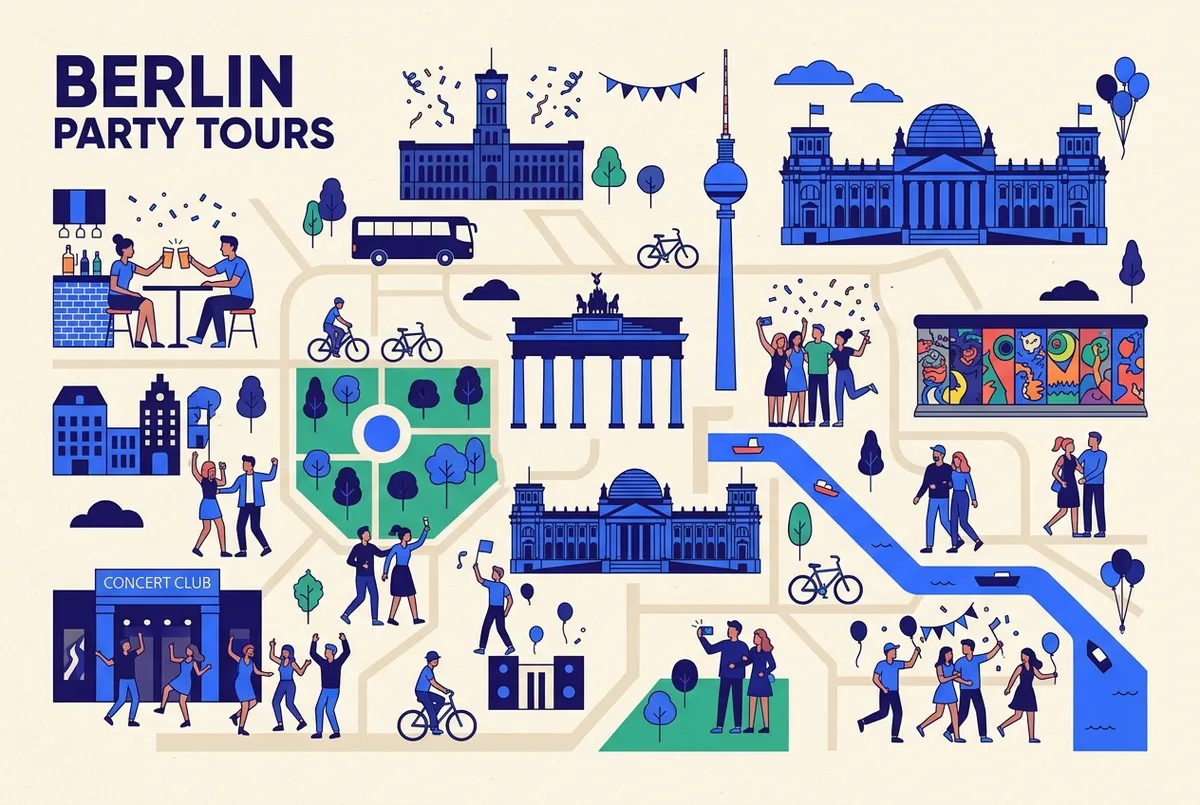 illustrated map of Berlin highlights for Bachelor & Bachelorette Party Tours in Berlin, bachelor party tour berlin