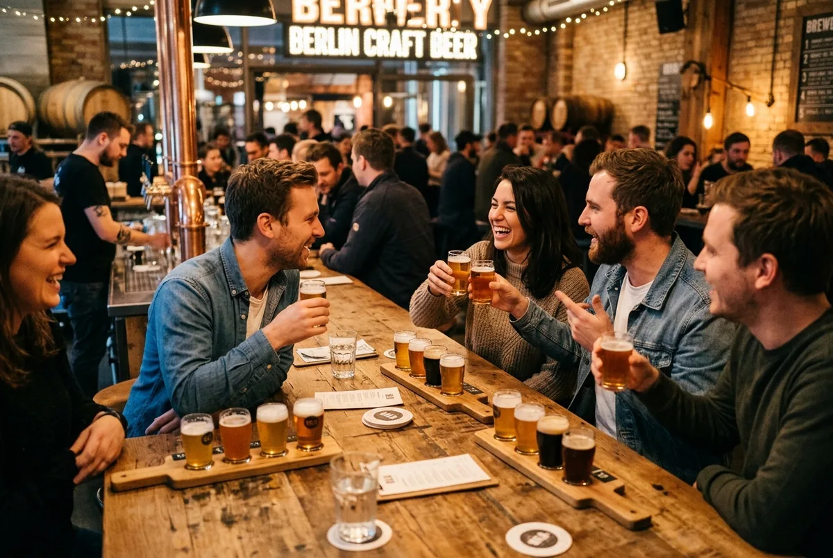 Group enjoying a berlin beer tour tasting flight at a craft brewery bar counter, several small glasses lined up, warm evening lighting, lively atmosphere