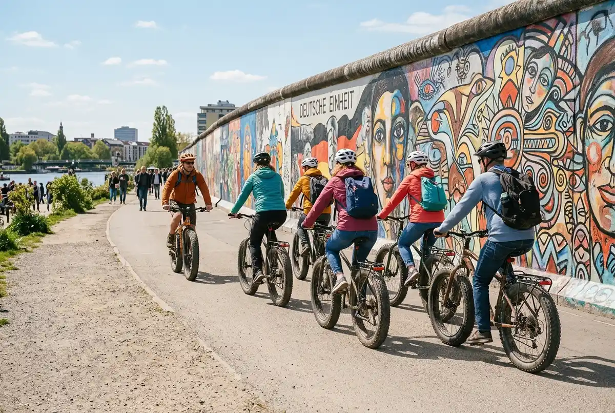 Piccolo gruppo in bicicletta guidato da un accompagnatore lungo un tratto dipinto della East Side Gallery durante un tour in bici berlino, mattina soleggiata, strada ciclabile ampia