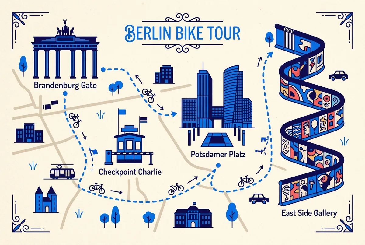 Mappa infografica di un itinerario in bicicletta a berlino con quartieri etichettati come centro storico, East Side Gallery e Kreuzberg collegati da una linea tratteggiata, icone piatte generiche, nessun prezzo o statistica