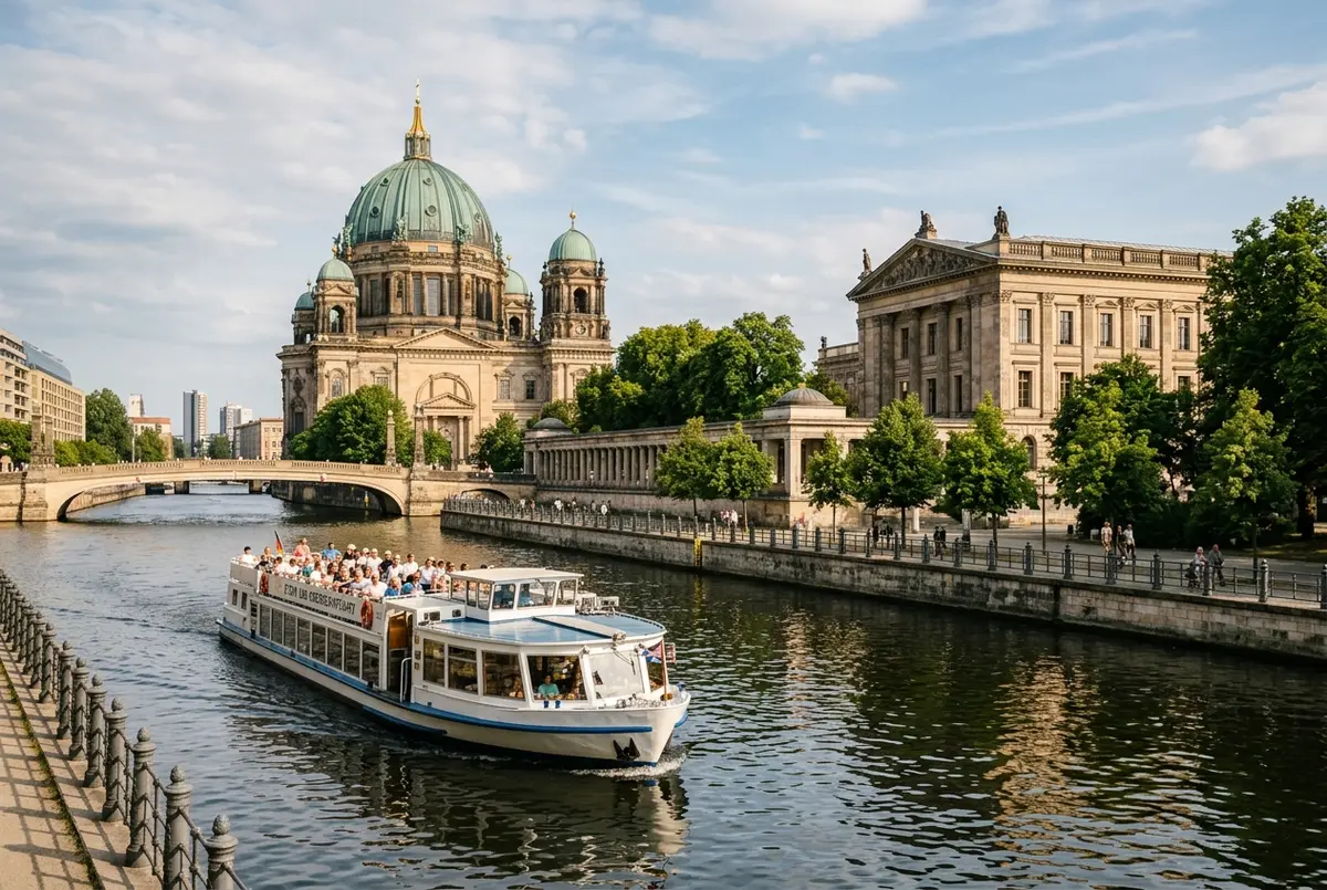 Bateau de croisière touristique glissant sur la Spree à Berlin devant la coupole du Reichstag, croisière berlin spree au coucher du soleil
