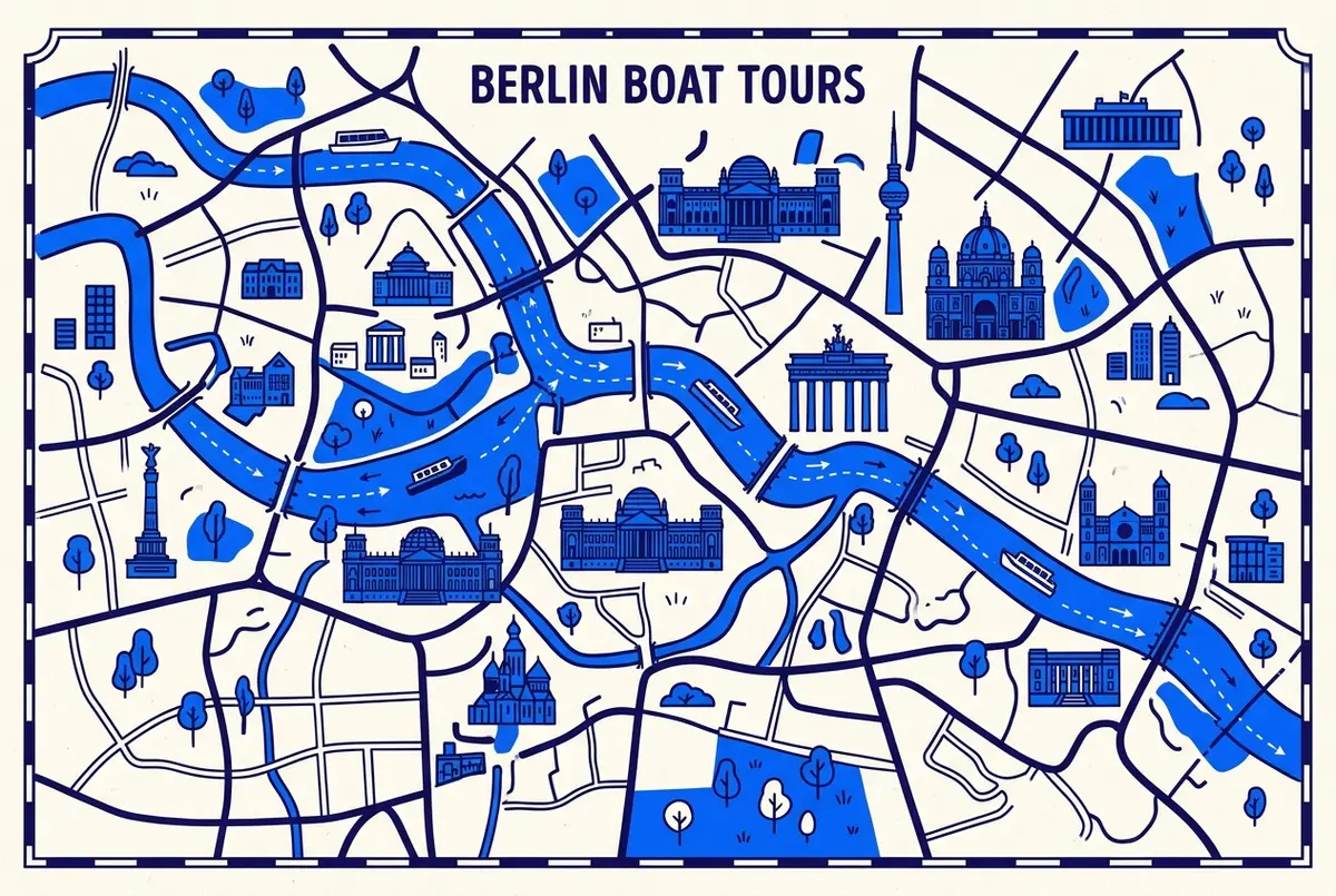 illustrated map of Berlin highlights for Berlin Boat Tours & Spree River Cruises: Routes & Prices, berlin city boat tours