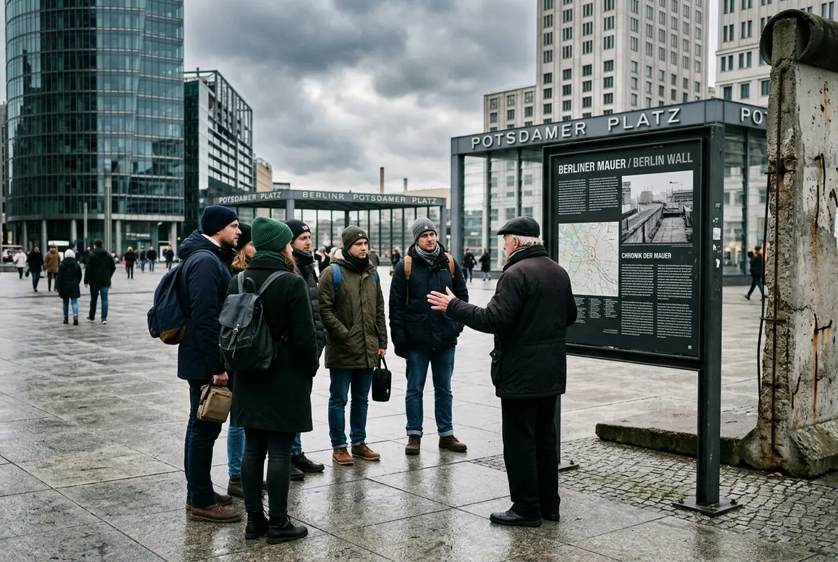Viaggiatore che osserva i pannelli storici a Checkpoint Charlie durante un tour berlino est, luce fredda di un pomeriggio invernale, atmosfera riflessiva