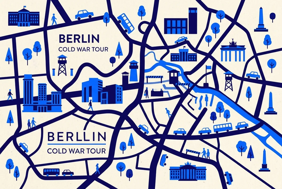 Flat-style map illustration of cold war walking tour berlin flashpoints including Potsdamer Platz and Checkpoint Charlie, generic landmark icons only, no statistics or graphic imagery