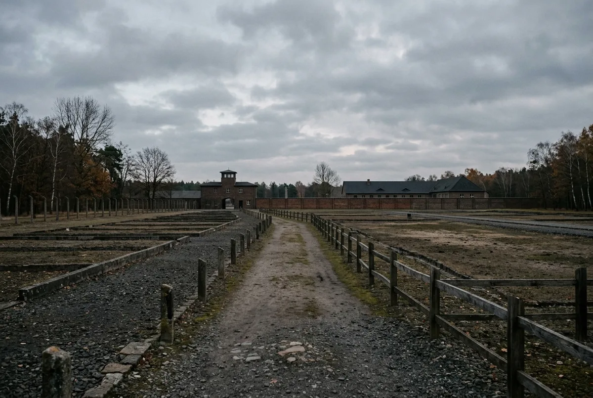 Quiet overcast view of the sachsenhausen memorial grounds near berlin concentration camp tours, somber mood, respectful distance, no text or people visible