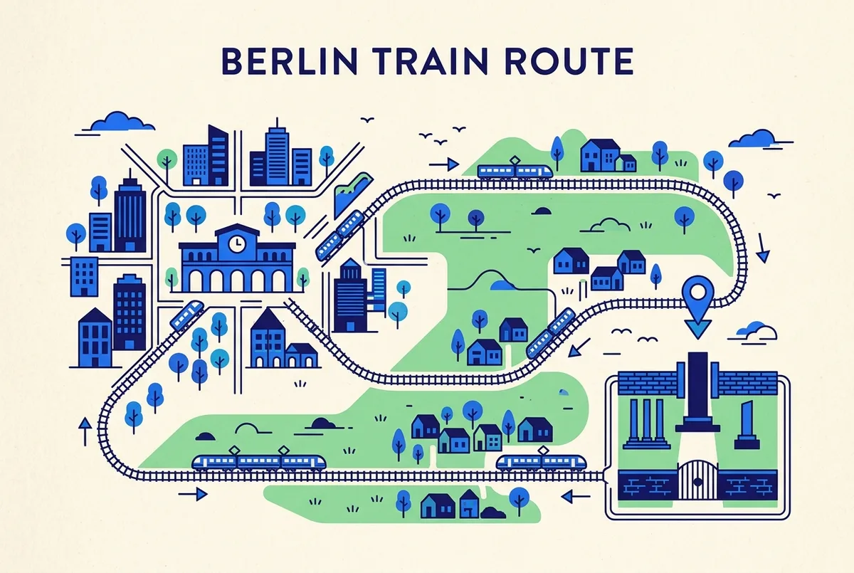 Flat-style map illustration showing the train route from central berlin to the sachsenhausen memorial for concentration camp tours berlin, generic train and memorial icons, no statistics