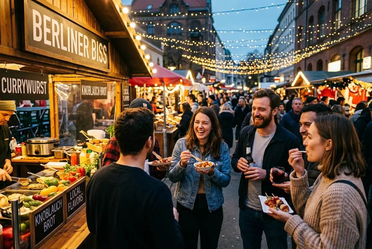 Small group on a food tours berlin tasting walk gathered around a market stall sampling street food, string lights overhead, warm evening light in a lively Berlin neighborhood