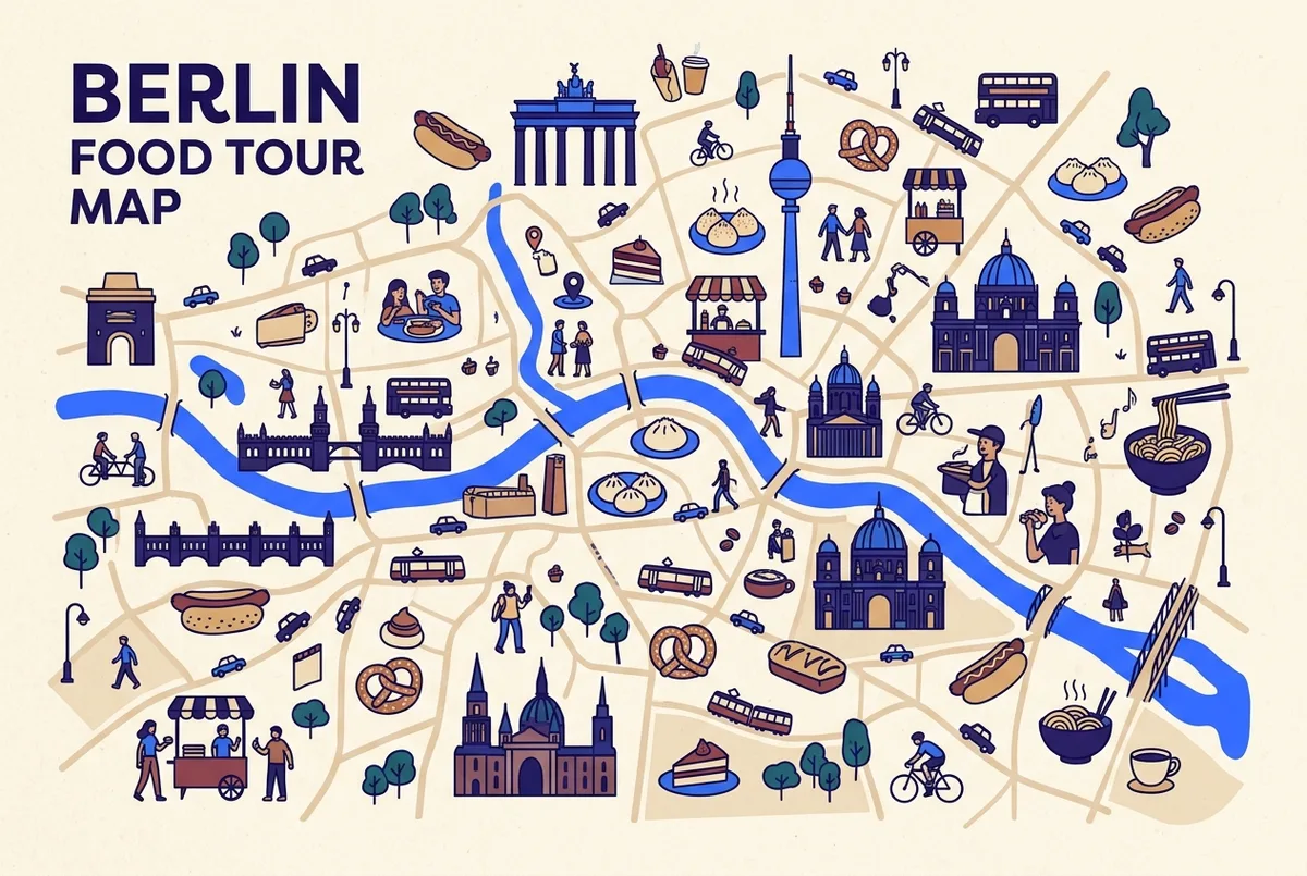 illustrated map of Berlin highlights for Berlin Food Tours: Eat Your Way Through the City, food tours berlin