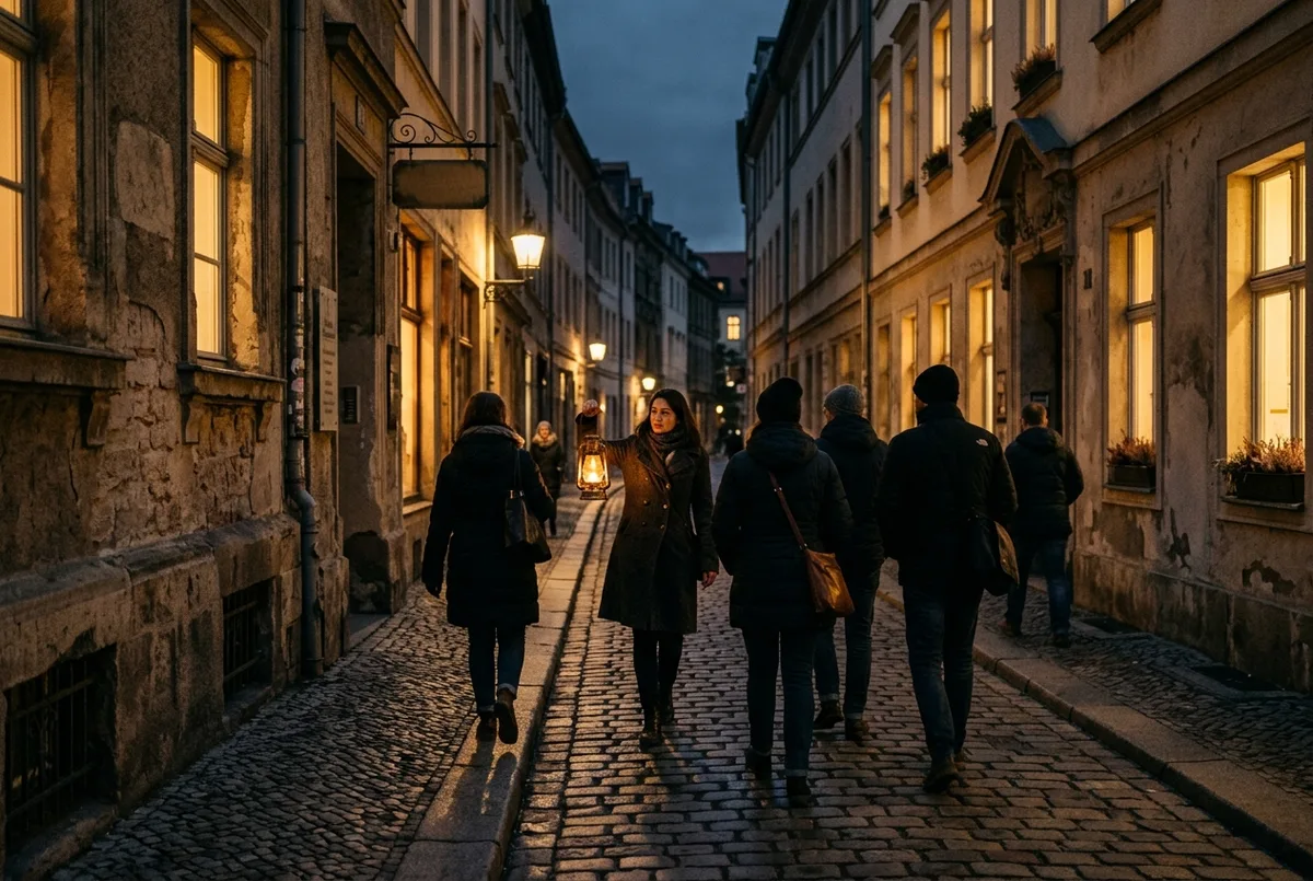 Small group on a berlin ghost tour walking a dimly lit cobblestone street at dusk, guide holding a lantern, old building facades glowing warm against a darkening sky