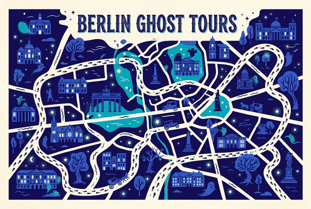 illustrated map of Berlin highlights for Berlin Ghost Tours: Haunted History After Dark, berlin ghost tour