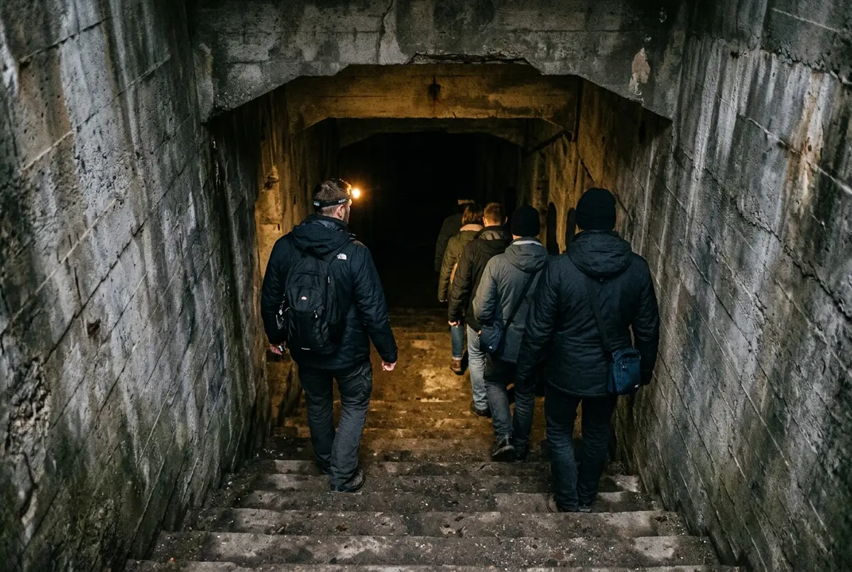 Petit grup amb un guia entrant a un antic búnquer de formigó de la Segona Guerra Mundial a Berlín, llum de làmpada frontal, ambient seriós i documental
