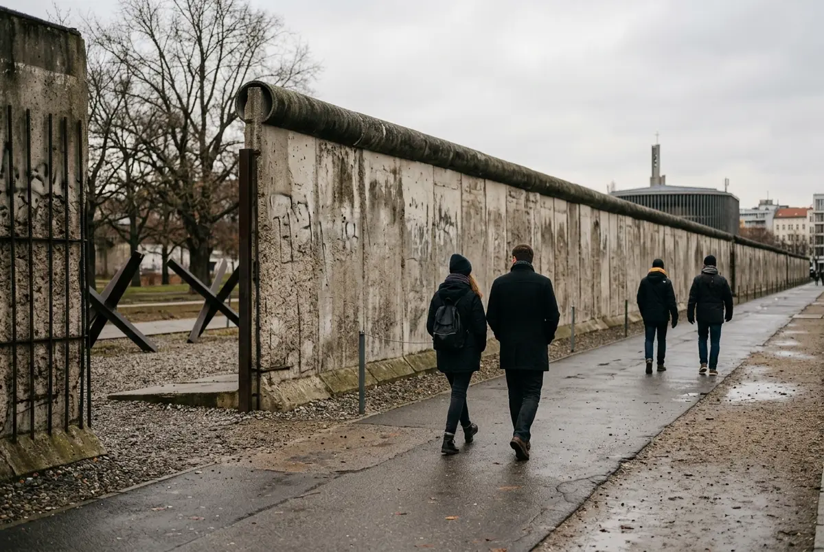 Visitors walking quietly past a somber history tour berlin memorial wall near Bernauer Strasse, overcast afternoon light, respectful mood, no text or statistics