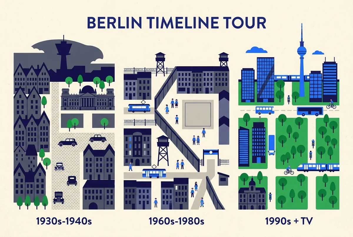 Flat-style timeline infographic of Berlin's three history tour eras, Nazi Germany, Cold War division, and reunification, generic icons and dates only, no statistics or graphic imagery