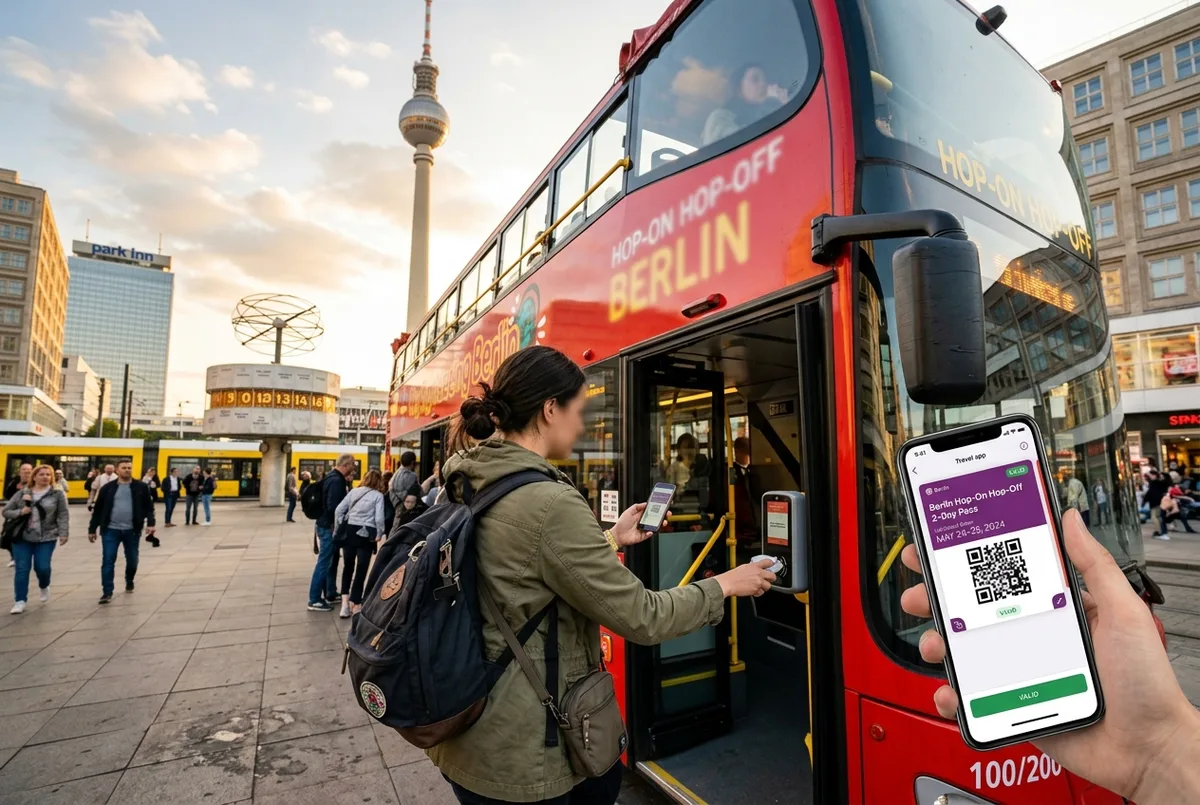 Viajero revisando en el móvil la validez de un billete de bus turístico de dos días en Berlín mientras sube al bus, concepto de pase de 48 horas, parada de Alexanderplatz al fondo