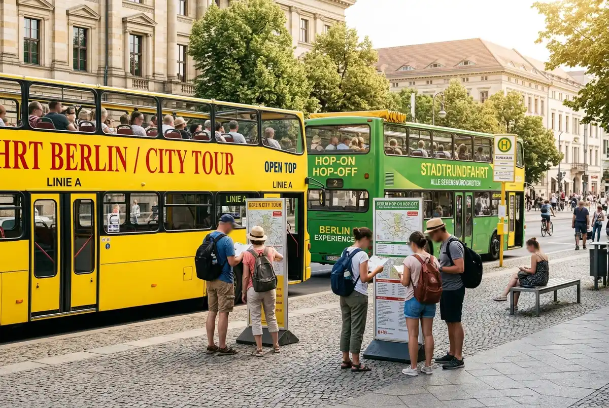 Zwei unterschiedlich lackierte offene Doppeldeckerbusse für Stadtrundfahrten stehen nebeneinander an einer Berliner Haltestelle, Reisende vergleichen Angebote, späte Vormittagssonne