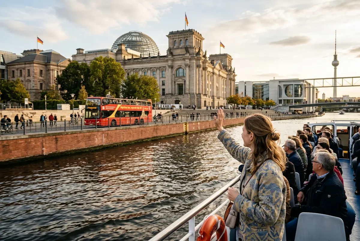 Reisende winkt von einem Spreefahrt-Boot in Berlin einem offenen Hop-On-Hop-Off-Bus am Flussufer zu, Reichstag im Hintergrund, spätes Nachmittagslicht bei einer Stadtrundfahrt mit Schiff