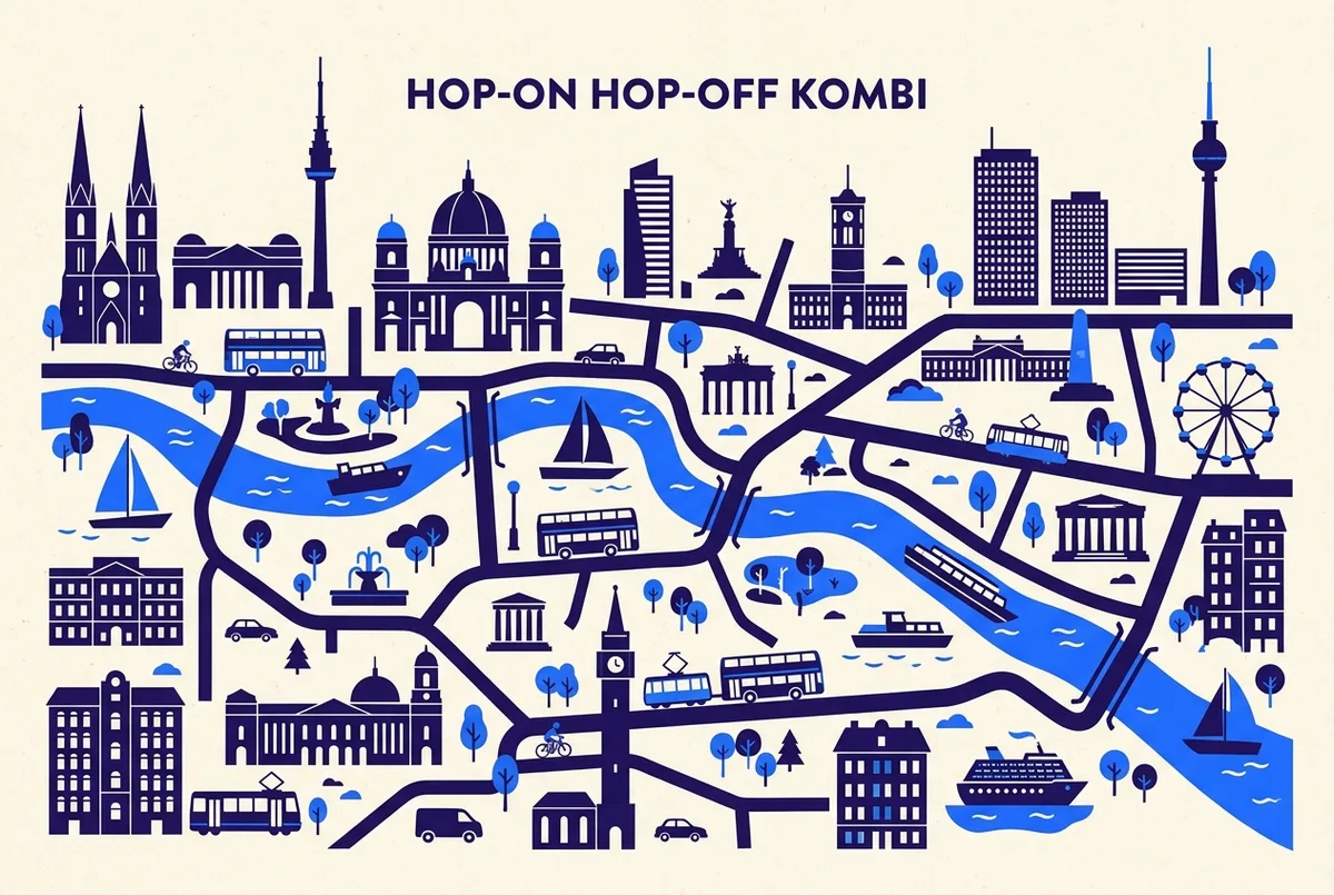 illustrated map of Berlin highlights for Hop-On Hop-Off Berlin mit Schiff: Die Bus- und Spree-Kombi, stadtrundfahrt berlin schiff