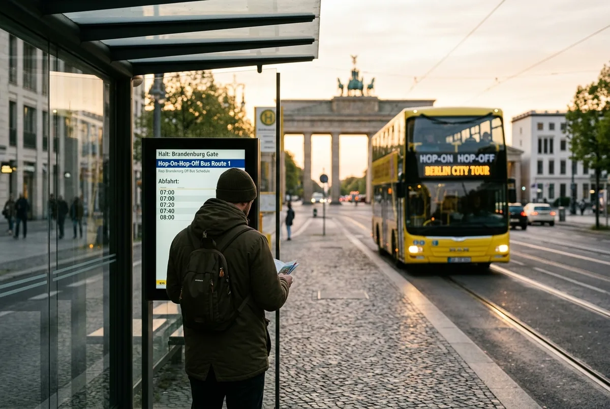 Reisender prüft am frühen Morgen an einer Berliner Haltestelle den Hop-On-Hop-Off-Bus-Fahrplan auf einer Anzeigetafel, Doppeldeckerbus nähert sich im Hintergrund