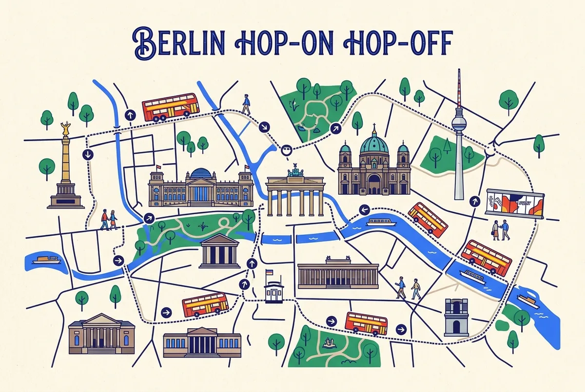 illustrated map of Berlin highlights for Hop-On Hop-Off Berlin: Dauer, Fahrplan & Abfahrtszeiten, berlin hop on hop off bus fahrplan