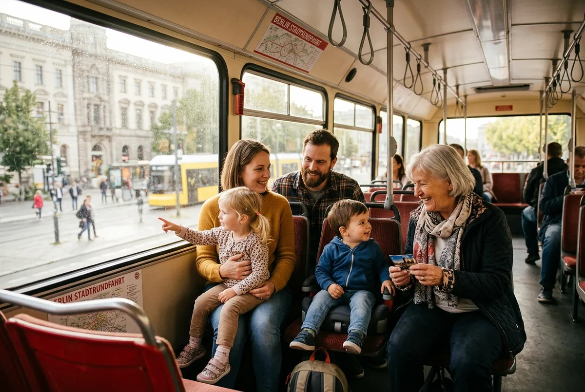 Familie mit zwei kleinen Kindern sitzt neben einer lächelnden älteren Reisenden im Unterdeck eines Berlin Hop-On-Hop-Off-Busses bei einer Stadtrundfahrt mit Kindern, weiches Nachmittagslicht durchs Fenster