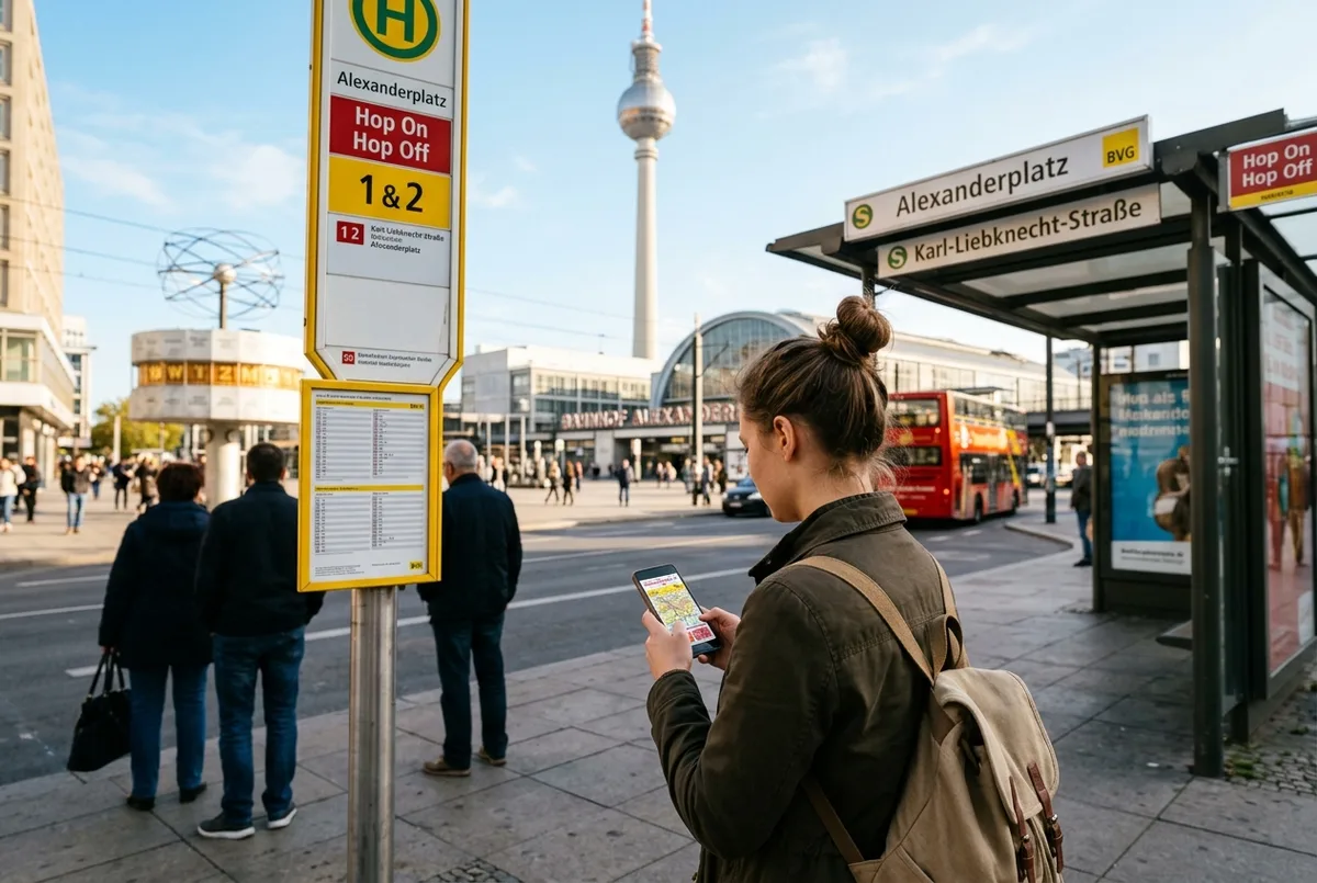 Zbliżenie na turystę trzymającego papierową mapę trasy autobusu Hop-On Hop-Off przy przystanku blisko Bramy Brandenburskiej, popołudniowe światło, odkryty piętrowy autobus w tle
