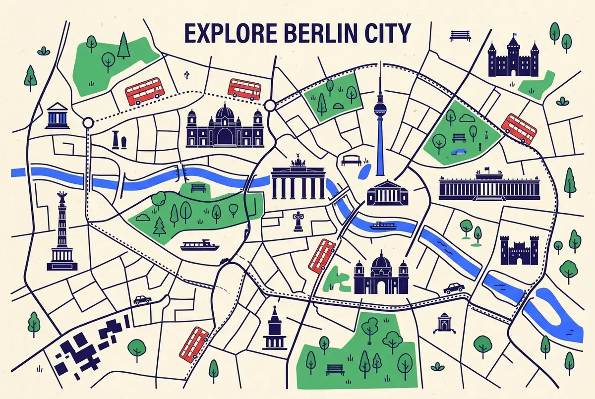 illustrated map of Berlin highlights for Hop-On Hop-Off Berlin: Stop, Rute & Kort, hop on hop off berlin map