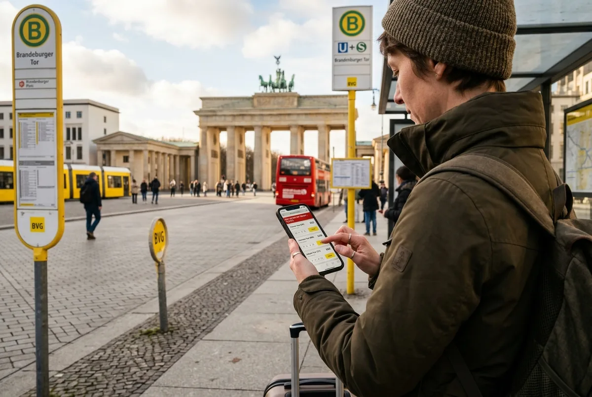 Viatger comparant preus de bitllets de bus turístic hop-on hop-off en una pantalla de mòbil a una parada de bus de Berlín, Porta de Brandenburg al fons, llum de mig matí