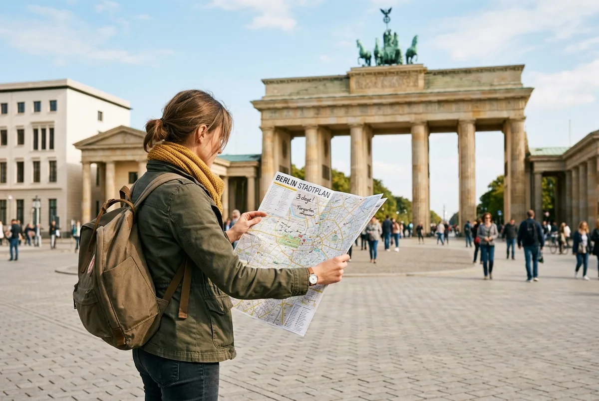 Traveler checking a paper city map against the Brandenburg Gate while planning what to do in berlin in 3 days, midday light, casual tourist clothing, no text or statistics visible