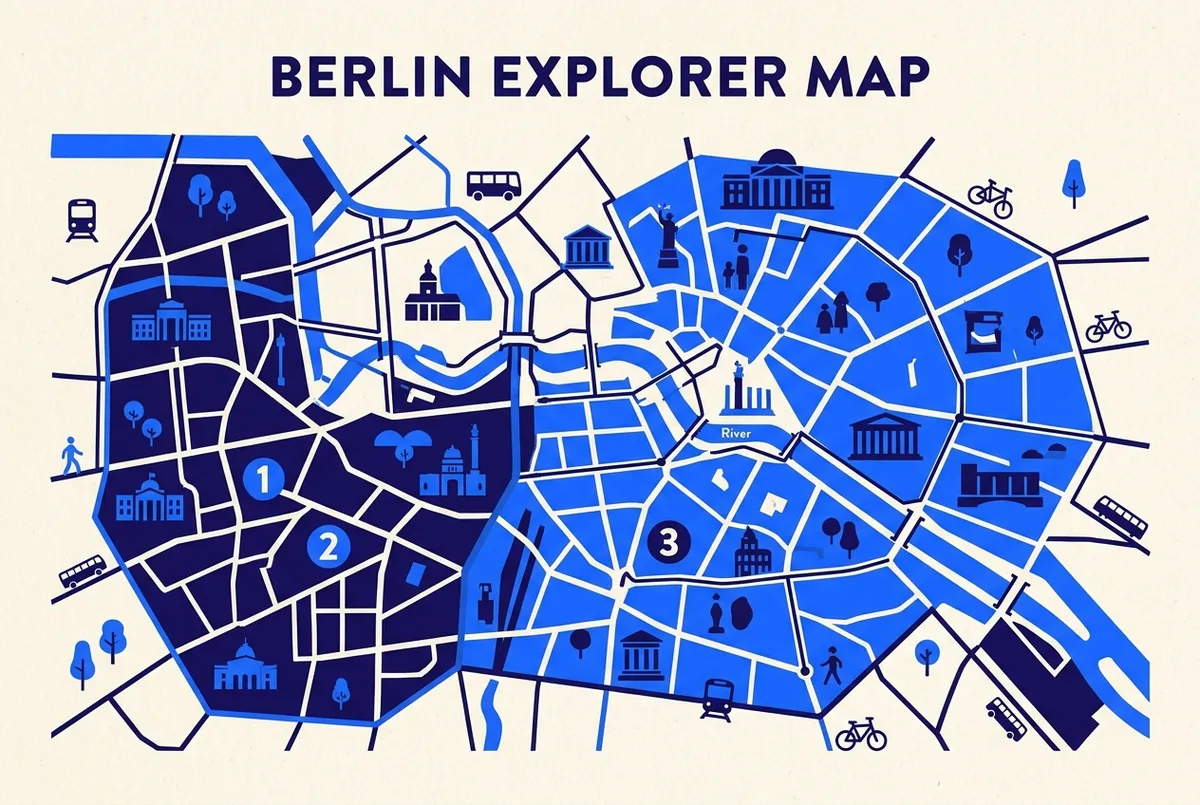 Flat-style map illustration dividing central Berlin into day-by-day sightseeing zones for a 3-day berlin itinerary, generic landmark icons and route lines, no prices or statistics