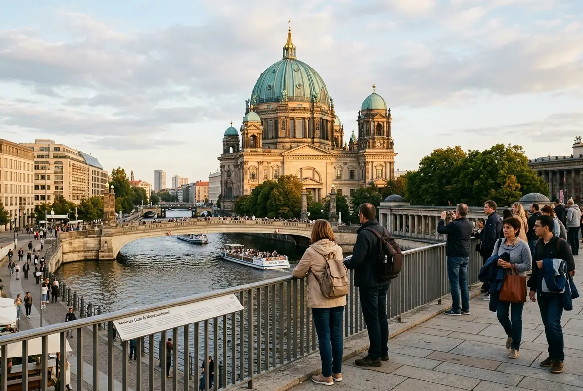 Turyści patrzący na kopułę Katedry Berlińskiej nad rzeką Szprewą z tarasu widokowego, katedra berlin wstęp, popołudniowe światło nad Museum Island