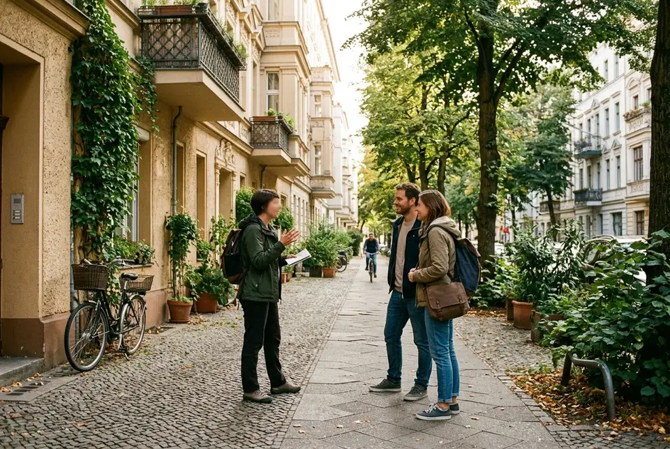 Berlin private tours guide and two travelers chatting on a quiet residential street in Prenzlauer Berg, warm afternoon light, relaxed small-group feel
