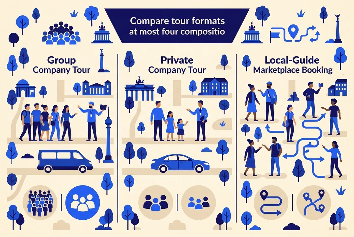 Comparison infographic of Berlin tour formats showing group company tour, private company tour, and a local-guide marketplace booking, generic icons for group size and flexibility, no prices or statistics