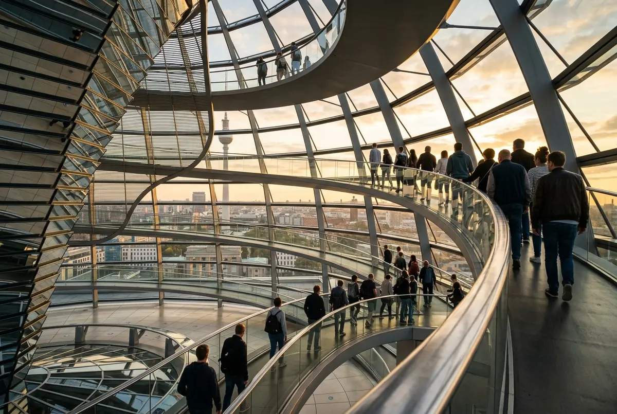 Visitors walking up the spiral ramp inside the berlin reichstag tour glass dome at golden hour, wide city skyline through the glass, no text visible