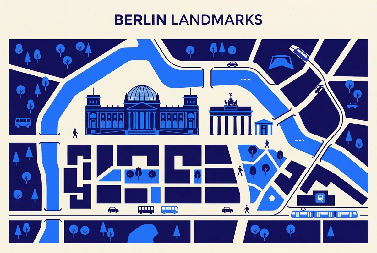 Flat-style map illustration of the berlin reichstag tour location beside the Brandenburg Gate and the government quarter, generic landmark icons, no prices or statistics