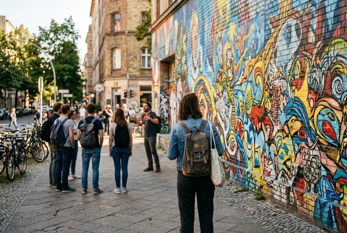 Petit groupe en visite guidée berlin street art devant une grande fresque murale à Friedrichshain, guide pointant un détail, lumière naturelle d'après-midi
