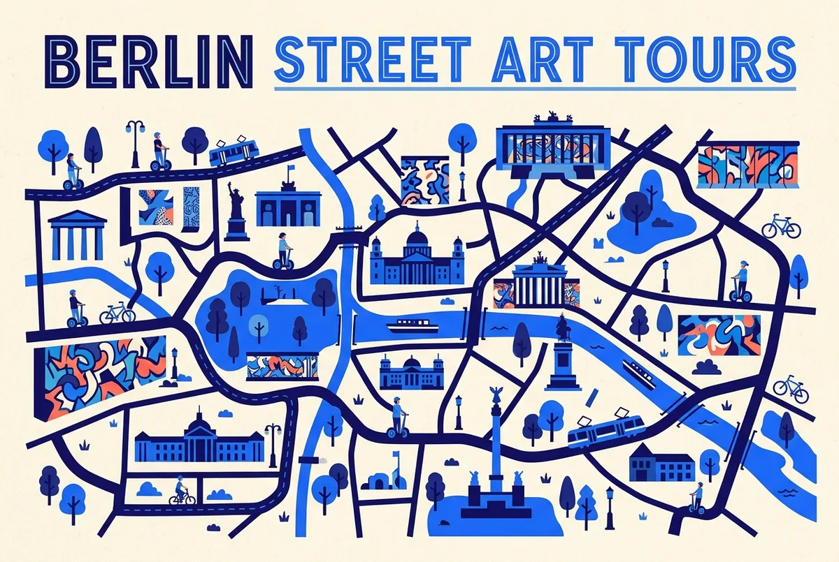 Carte infographique plate des quartiers de street art à Berlin, Kreuzberg et Friedrichshain mis en évidence par des icônes de pinceau génériques, sans statistiques