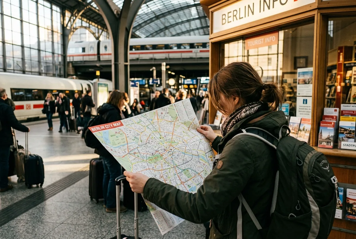 Traveler unfolding a berlin city tourist map at a train station kiosk, morning light, practical travel mood, no text or statistics visible