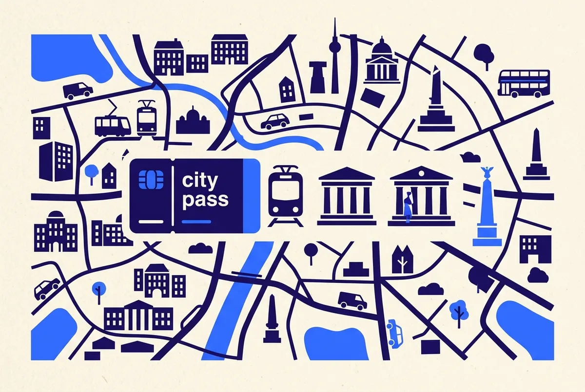Simple infographic style map showing a berlin city card icon alongside transit, museum and bus icons representing what a city pass bundles, flat illustration, no prices or statistics visible