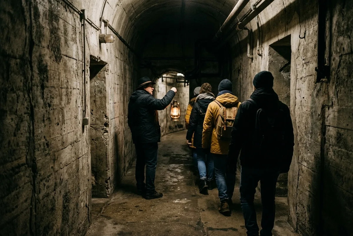 Small tour group with a guide walking through a dimly lit underground berlin tour air-raid bunker corridor, bare concrete walls, handheld lantern light