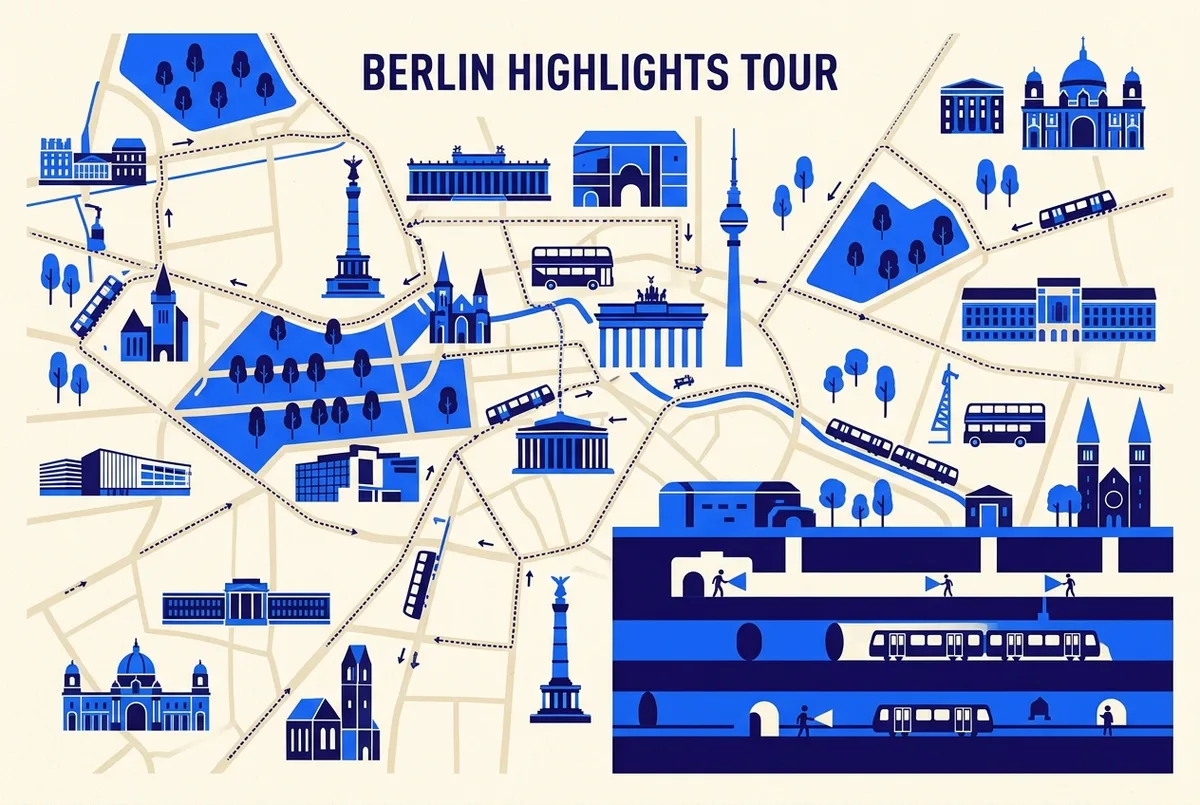 illustrated map of Berlin highlights for berlin hop on hop off, underground berlin tour
