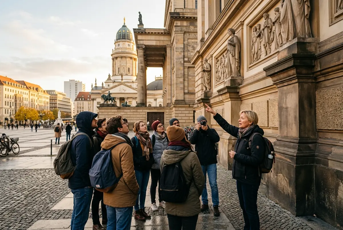 Petit grup de viatgers escoltant un guia turístic davant de la Porta de Brandenburg a Berlín al matí, llum suau, ambient proper