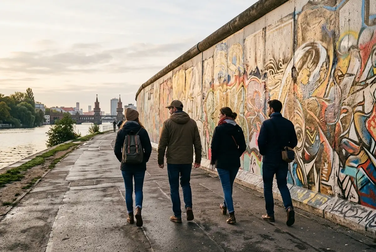 Travelers on a berlin wall tour walking past a mural-covered section of the East Side Gallery, soft morning light, respectful tone, no text visible