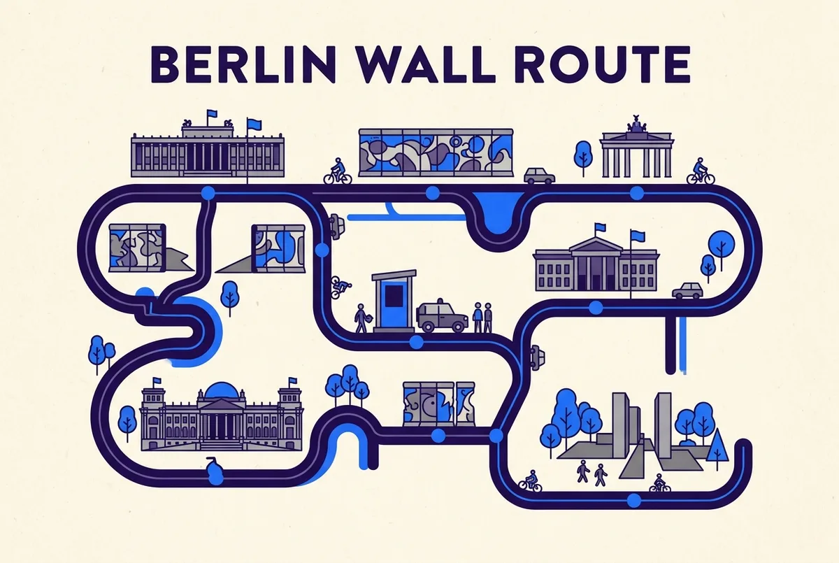 Flat-style map illustration of the berlin wall tour route connecting the East Side Gallery, Checkpoint Charlie, and the Bernauer Strasse memorial, generic landmark icons, no prices or statistics