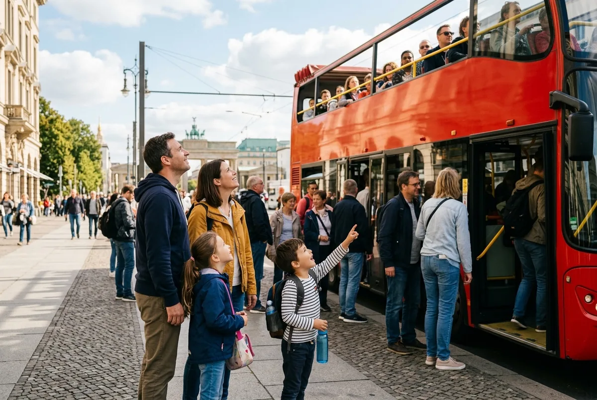 Rodzina z małym dzieckiem patrząca z punktu widokowego na panoramę Berlina, zwiedzanie berlina z dziećmi, pogodne popołudnie, radosna atmosfera