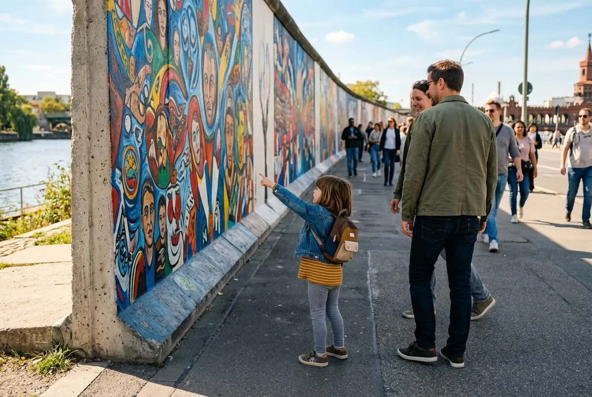 Child pointing excitedly at painted murals along the berlin east side gallery wall, bright daytime scene, candid family travel mood, no text or statistics visible
