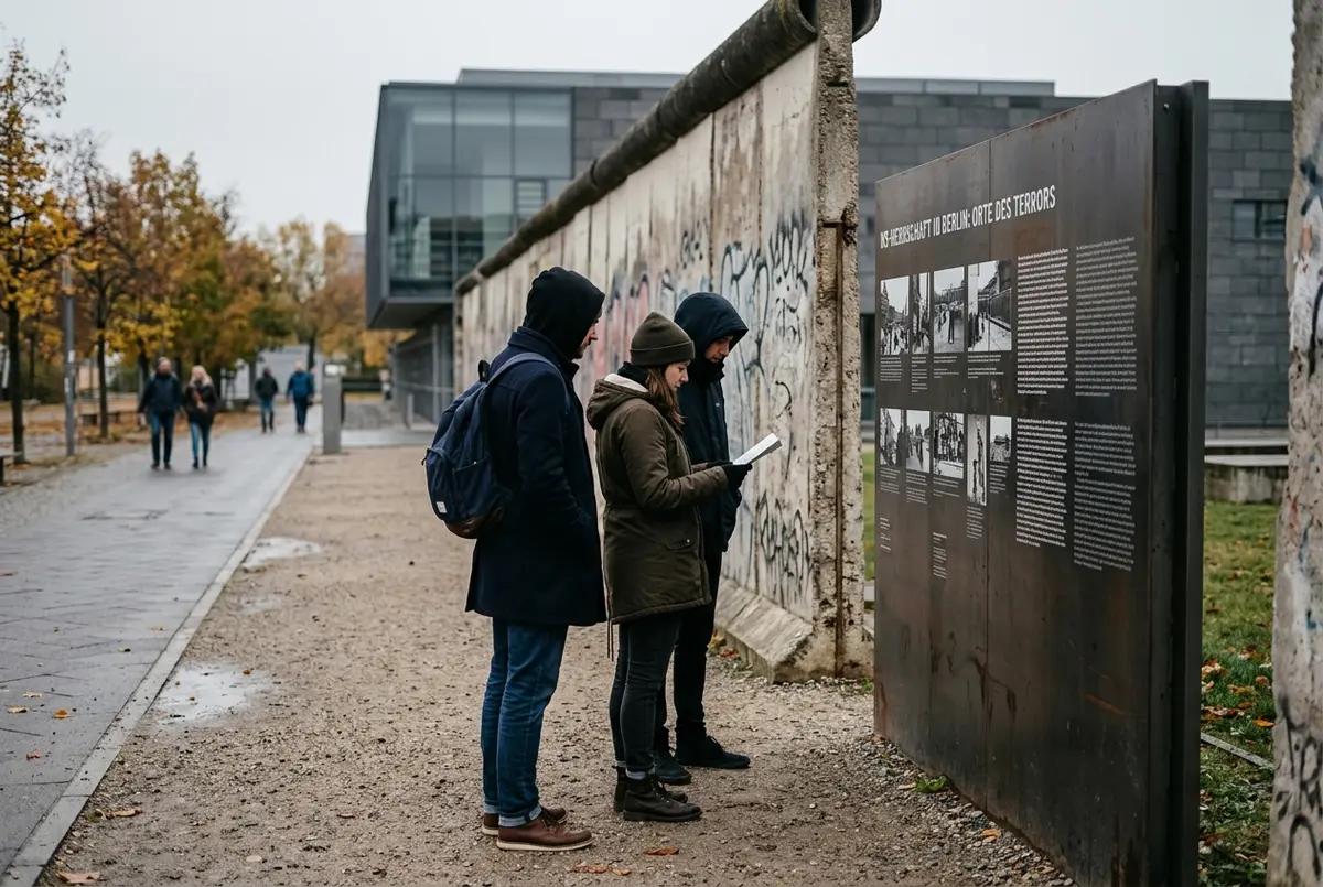 Visitors reading an information panel on a ww2 tour berlin walk outside the Topography of Terror documentation site, grey overcast light, quiet respectful mood