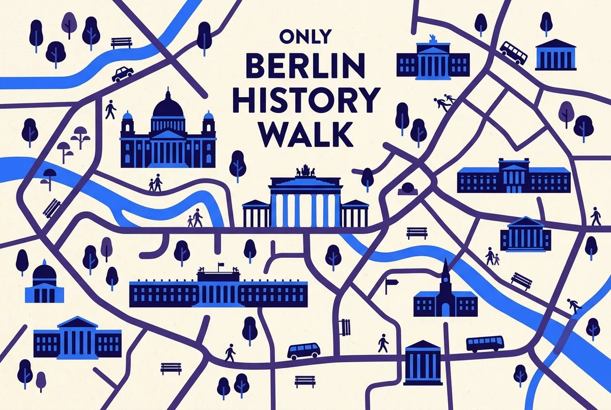 Flat-style map illustration of ww2 tour berlin sites in the former government district and the Topography of Terror, generic landmark icons only, no statistics or graphic imagery
